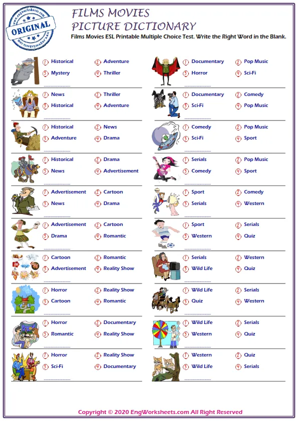 Films Movies ESL Printable Multiple Choice Test. Write the Right Word in the Blank. Worksheet Preview