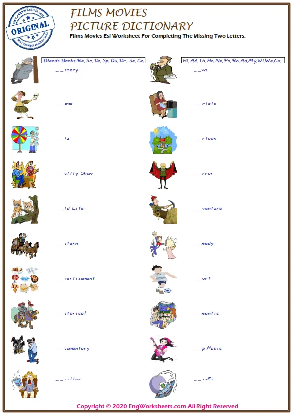 Films Movies Esl Worksheet For Completing The Missing Two Letters. Worksheet Preview