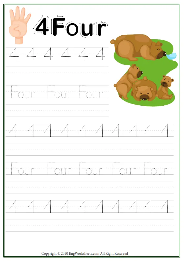 Four 4 Number Tracing Worksheet With Animal Illustration Worksheet Preview