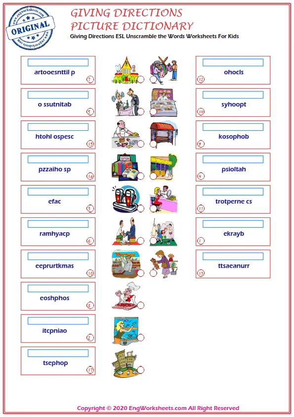 Giving Directions ESL Unscramble the Words Worksheets For Kids Worksheet Preview