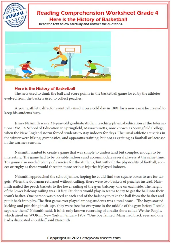 Reading Comprehension Worksheets - Basketball History Reading Comprehension Worksheet Grade 4. Worksheet Preview