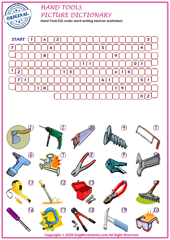 Hand Tools ESL snake word writing exercise worksheet. Worksheet Preview