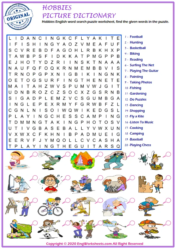 Hobbies English word search puzzle worksheet, find the given words in the puzzle. Worksheet Preview