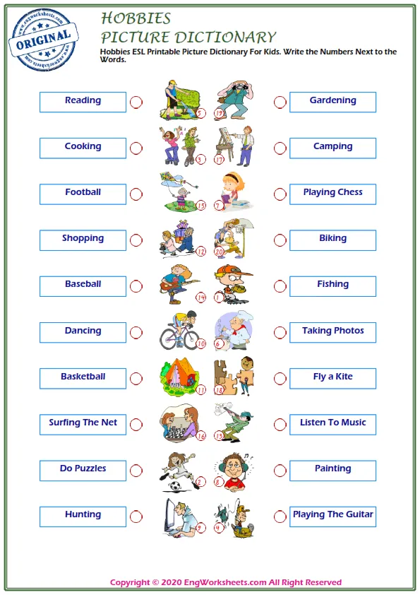 Hobbies ESL Printable Picture Dictionary For Kids. Write the Numbers Next to the Words. Worksheet Preview