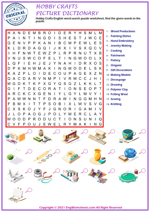 Hobby Crafts English word search puzzle worksheet, find the given words in the puzzle. Worksheet Preview