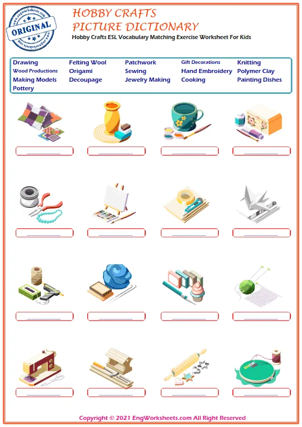 Hobby Crafts ESL Vocabulary Matching Exercise Worksheet For Kids Worksheet Preview