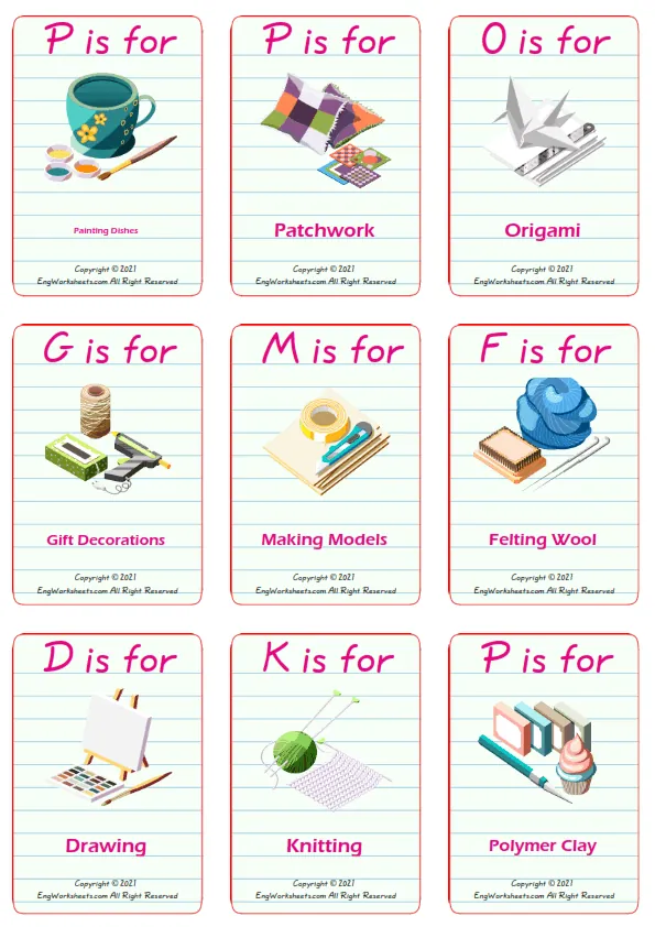 Hobby Crafts vocabulary worksheet with words, nine images per page Worksheet Preview