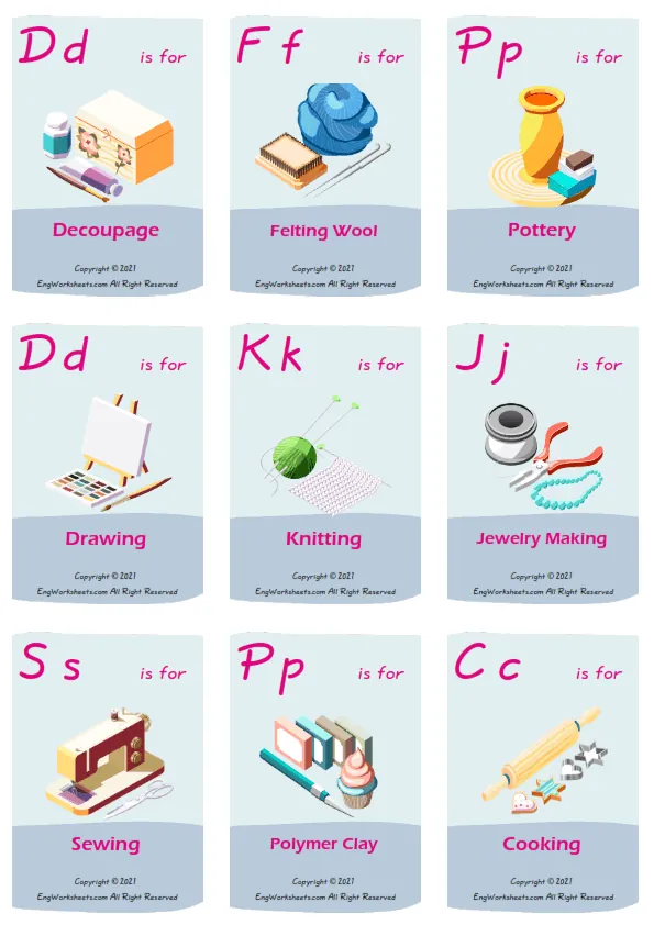Hobby Crafts vocabulary worksheet with words, nine images per page Worksheet Preview