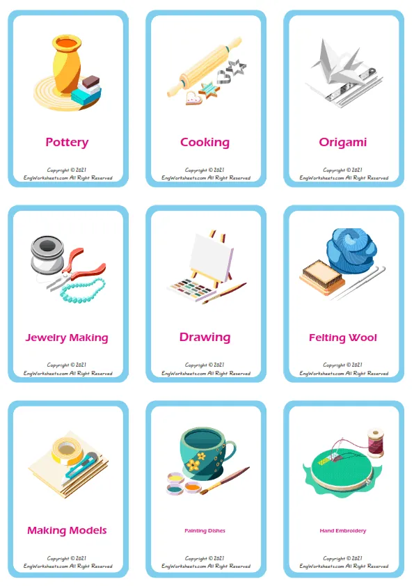 Hobby Crafts vocabulary worksheet with words, nine images per page Worksheet Preview