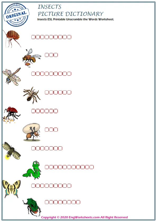 Insects ESL Printable Unscramble the Words Worksheet. Worksheet Preview