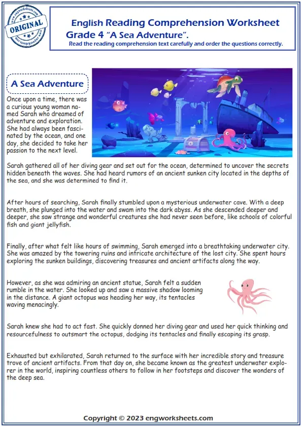 Reading Comprehension Worksheets - English Reading Comprehension Worksheet Grade 4 A Sea Adventure. Worksheet Preview