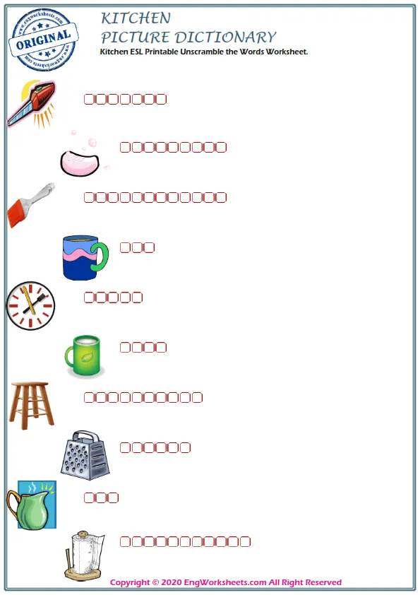 Kitchen ESL Printable Unscramble the Words Worksheet. Worksheet Preview