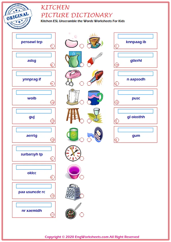 Kitchen ESL Unscramble the Words Worksheets For Kids Worksheet Preview