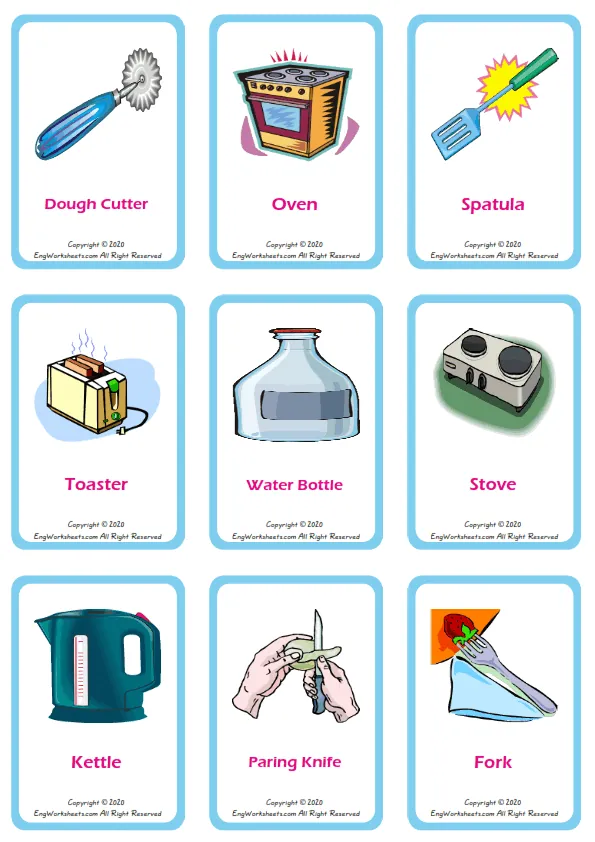 Kitchen vocabulary worksheet with words, nine images per page Worksheet Preview
