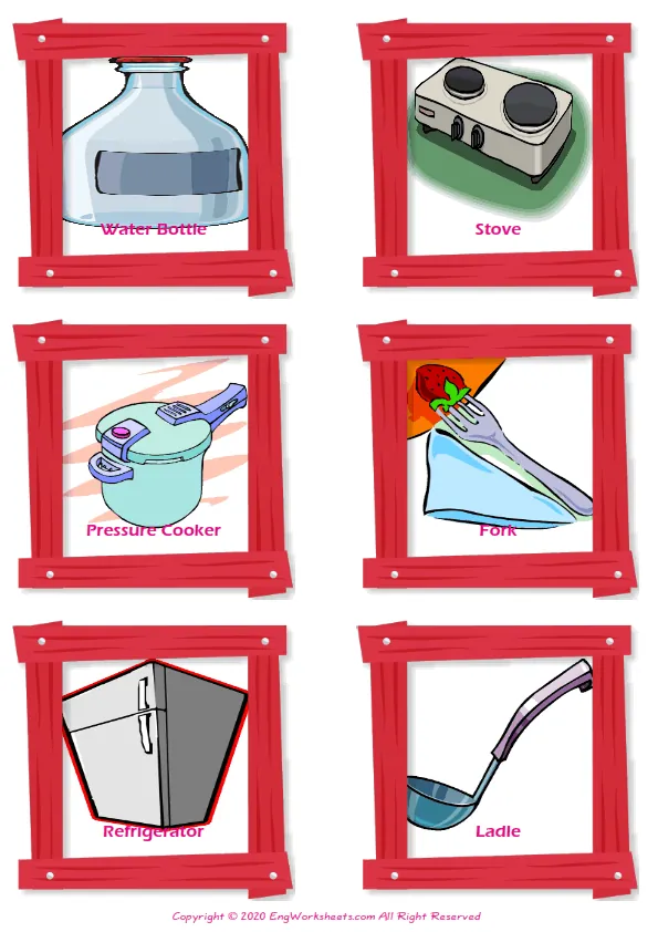 Kitchen vocabulary worksheet with words, six images per page Worksheet Preview