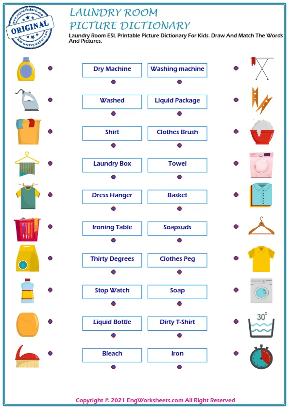 Full-page wordless Laundry Room English vocabulary worksheet Worksheet Preview