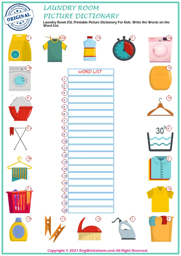 Wordless Laundry Room vocabulary worksheet with two images per page Worksheet Preview