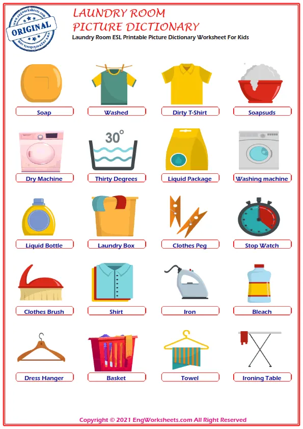 Laundry Room ESL Printable Matching Exercise Worksheets For Kids Worksheet Preview