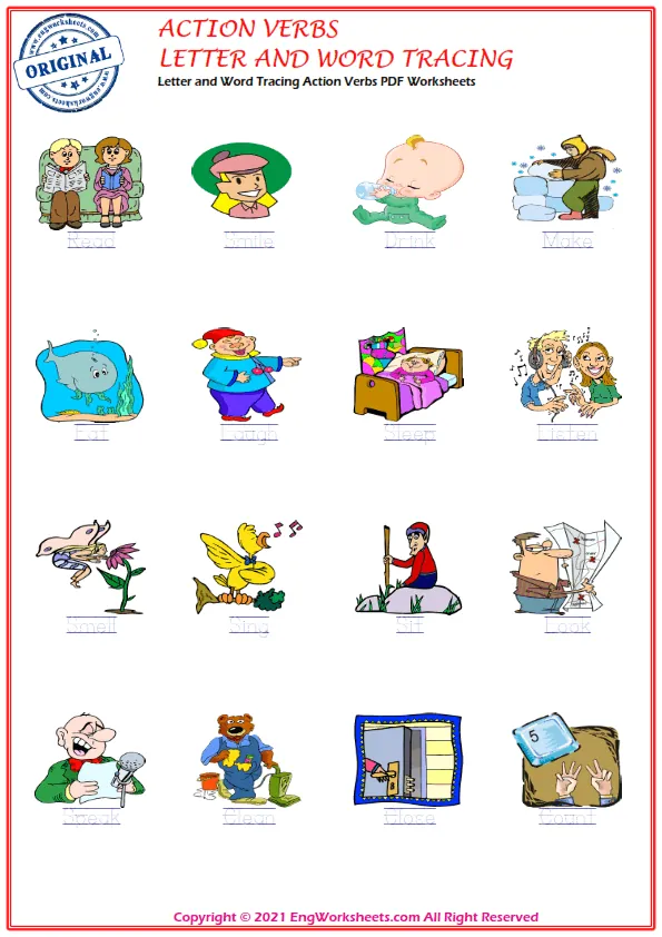 Letter and Word Tracing Action Verbs PDF Worksheets