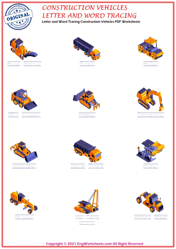 Letter and Word Tracing Construction Vehicles PDF Worksheets Worksheet Preview