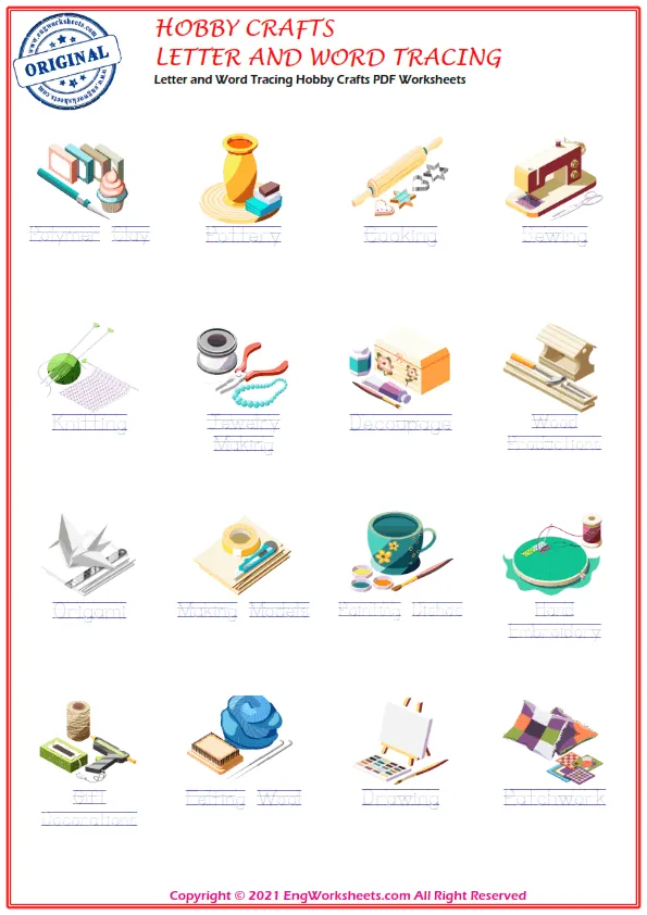 Letter and Word Tracing Hobby Crafts PDF Worksheets Worksheet Preview