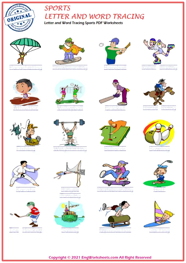 Letter and Word Tracing Sports PDF Worksheets Worksheet Preview