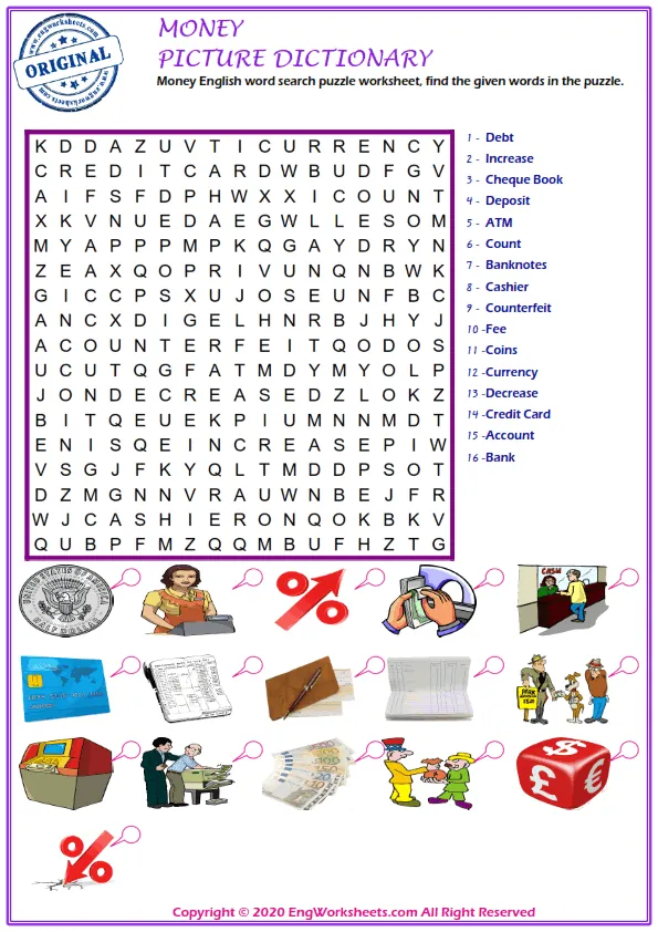 Money English word search puzzle worksheet, find the given words in the puzzle. Worksheet Preview