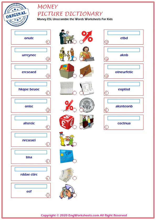 Money ESL Unscramble the Words Worksheets For Kids Worksheet Preview