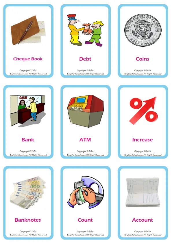 Money vocabulary worksheet with words, nine images per page Worksheet Preview