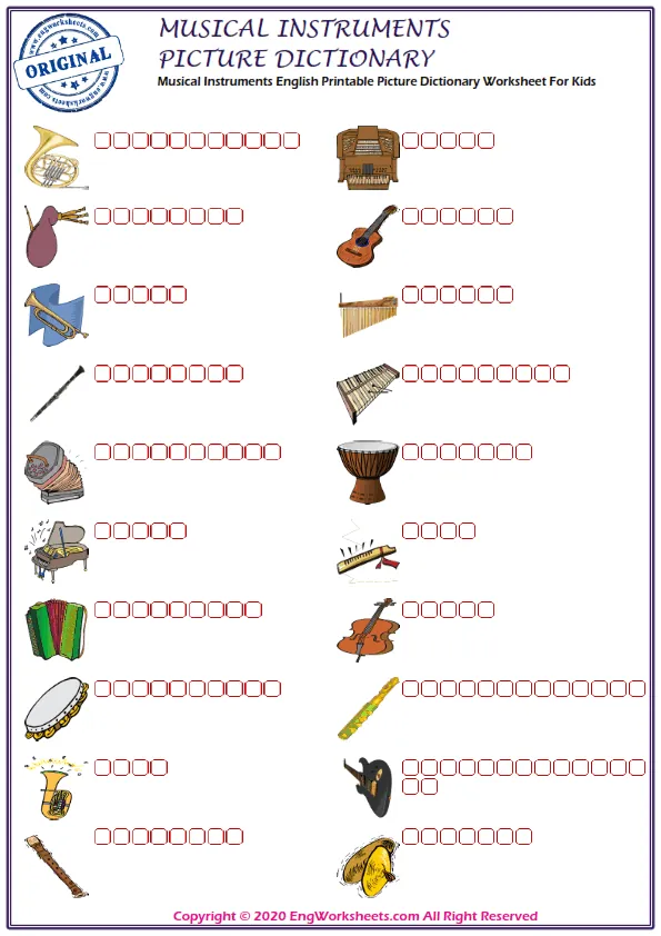 Musical Instruments English Printable Picture Dictionary Worksheet For Kids Worksheet Preview