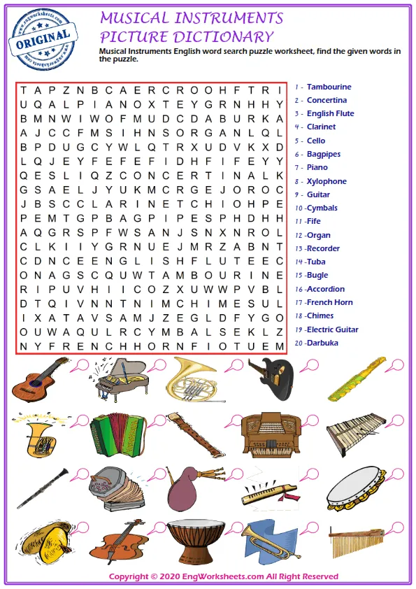Musical Instruments English word search puzzle worksheet, find the given words in the puzzle. Worksheet Preview