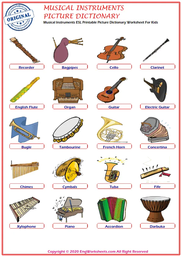 Musical Instruments ESL Printable Picture Dictionary Worksheet For Kids Worksheet Preview