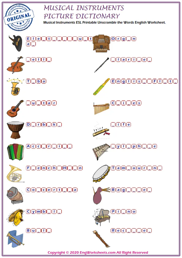Musical Instruments ESL Printable Unscramble the Words English Worksheet. Worksheet Preview