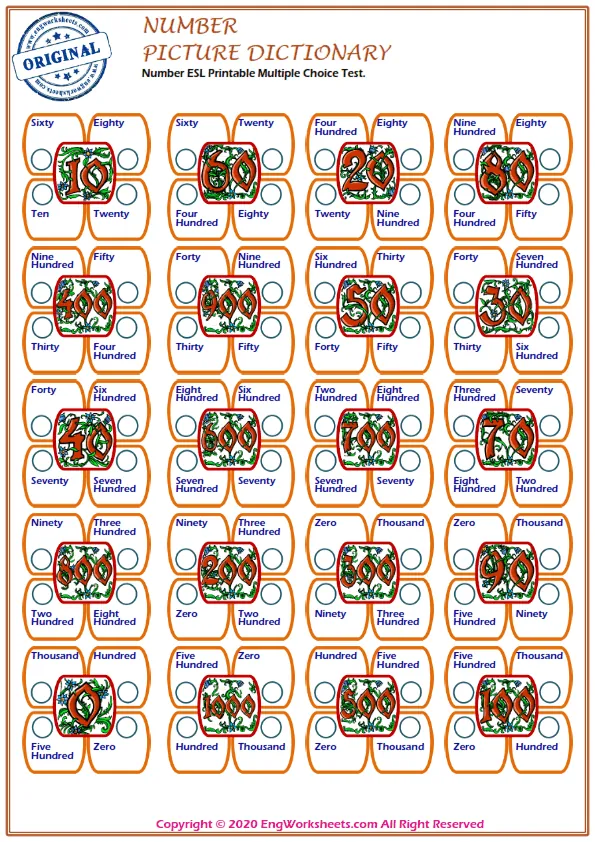 Number ESL Printable Multiple Choice Test. Worksheet Preview