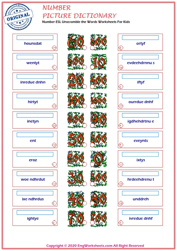 Number ESL Unscramble the Words Worksheets For Kids Worksheet Preview