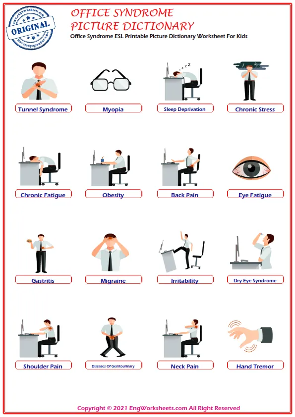 Office Syndrome ESL Printable Picture Dictionary Worksheet For Kids Worksheet Preview