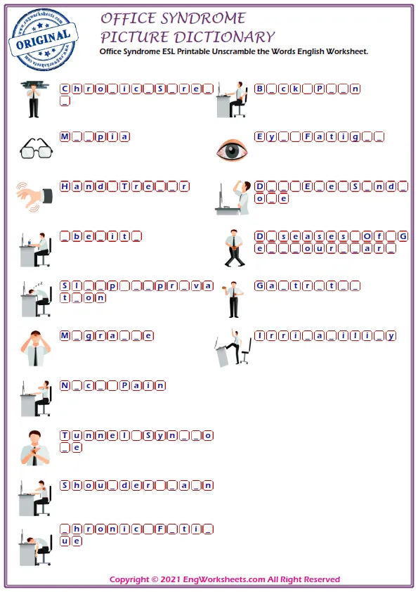 Office Syndrome ESL Printable Unscramble the Words English Worksheet. Worksheet Preview