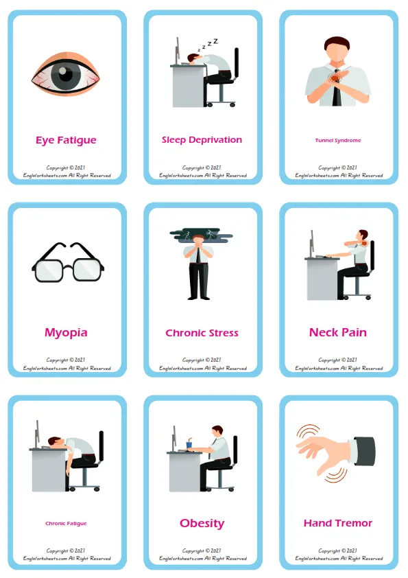 Office Syndrome vocabulary worksheet with words, nine images per page Worksheet Preview