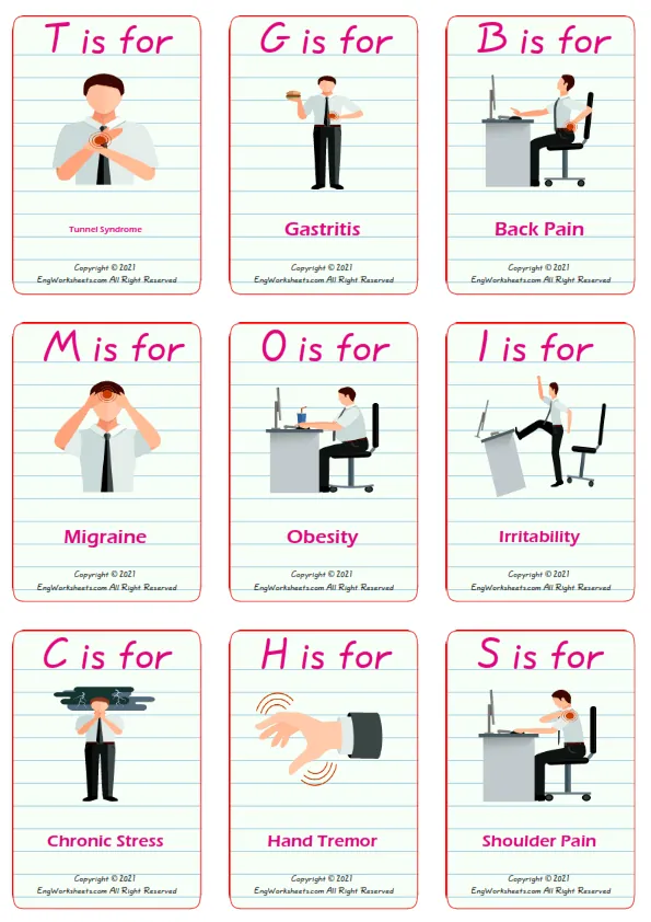 Office Syndrome vocabulary worksheet with words, nine images per page Worksheet Preview