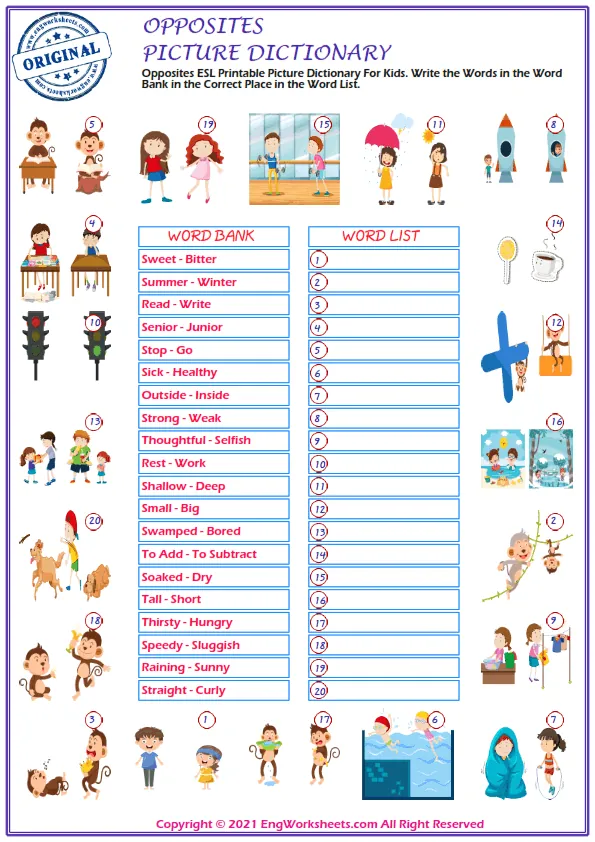 Opposites ESL Printable Picture Dictionary For Kids. Write the Words in the Word Bank in the Correct Place in the Word List. Worksheet Preview