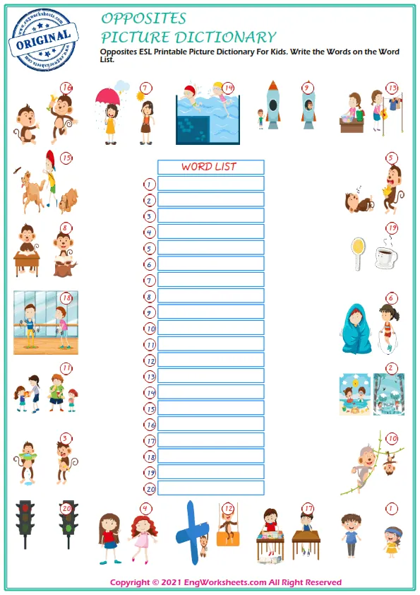 Opposites ESL Printable Picture Dictionary For Kids. Write the Words on the Word List. Worksheet Preview
