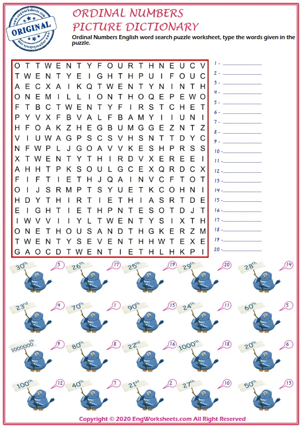 Ordinal Numbers English word search puzzle worksheet, type the words given in the puzzle. Worksheet Preview