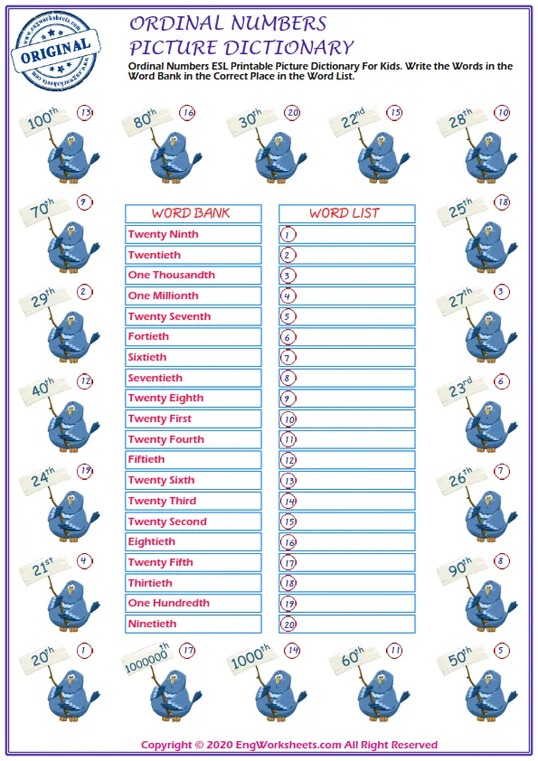 Ordinal Numbers ESL Printable Picture Dictionary For Kids. Write the Words in the Word Bank in the Correct Place in the Word List. Worksheet Preview