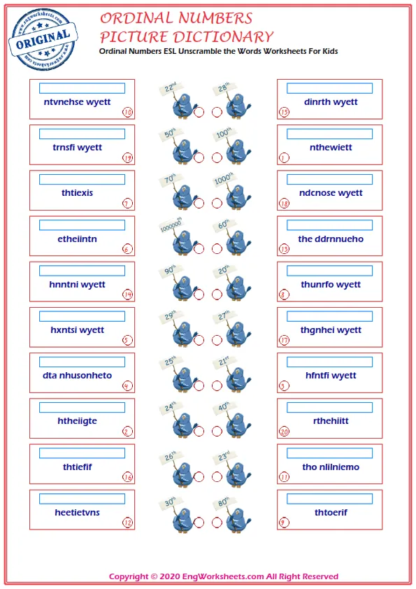 Ordinal Numbers ESL Unscramble the Words Worksheets For Kids Worksheet Preview