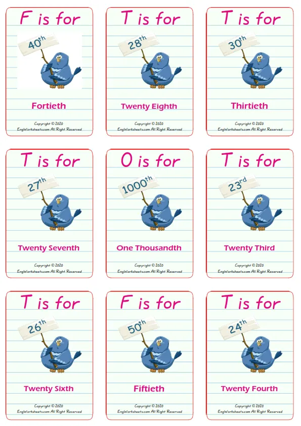 Ordinal Numbers vocabulary worksheet with words, nine images per page Worksheet Preview