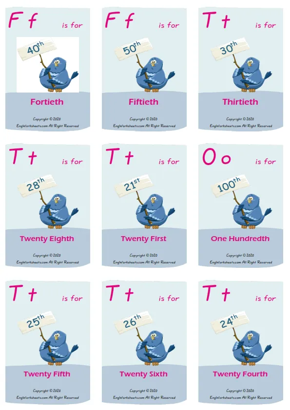 Ordinal Numbers vocabulary worksheet with words, nine images per page Worksheet Preview