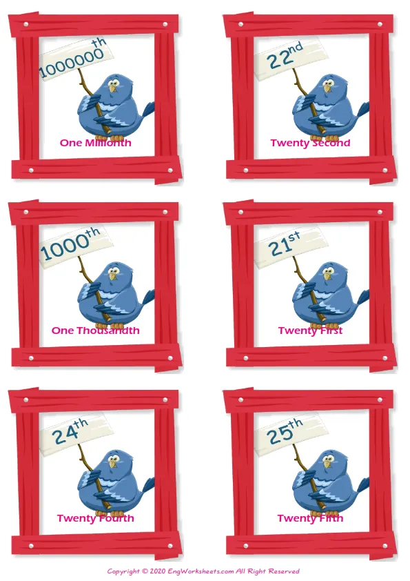 Ordinal Numbers vocabulary worksheet with words, six images per page Worksheet Preview