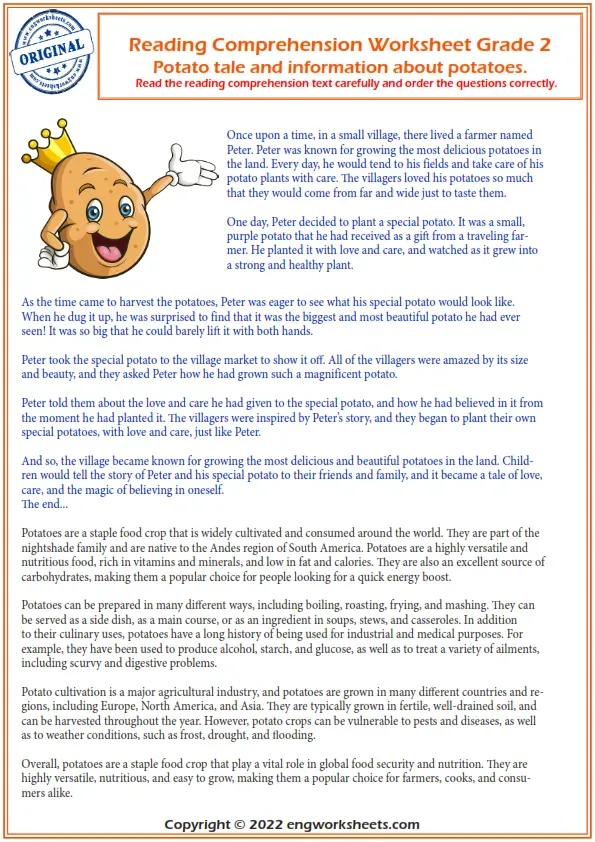 Reading Comprehension Worksheets - English Esl Potato Tale Reading Comprehension Worksheet Grade 2. Worksheet Preview
