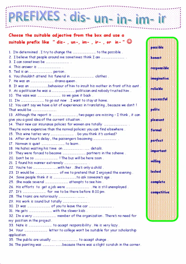 Prefixes Dis- , -Un , In- , Im- , Ir Worksheet Preview