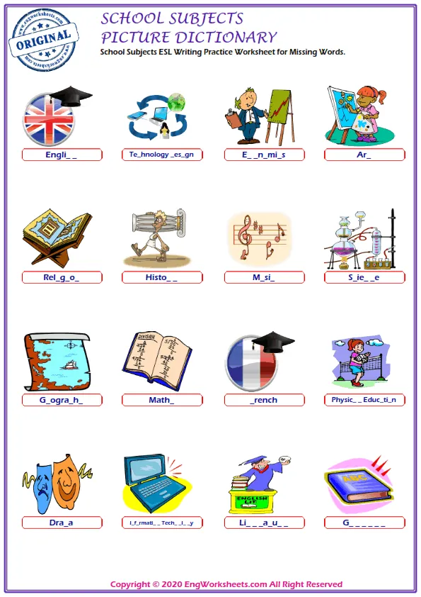 School Subjects ESL Writing Practice Worksheet for Missing Words. Worksheet Preview